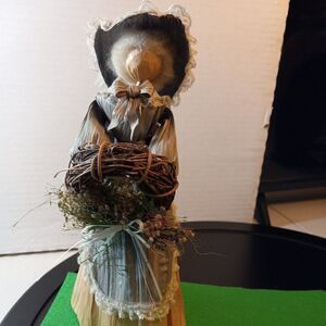 Vintage Corn Husk Doll Dressed and Carrying a Holiday Wreath Cottagecore Kitsch